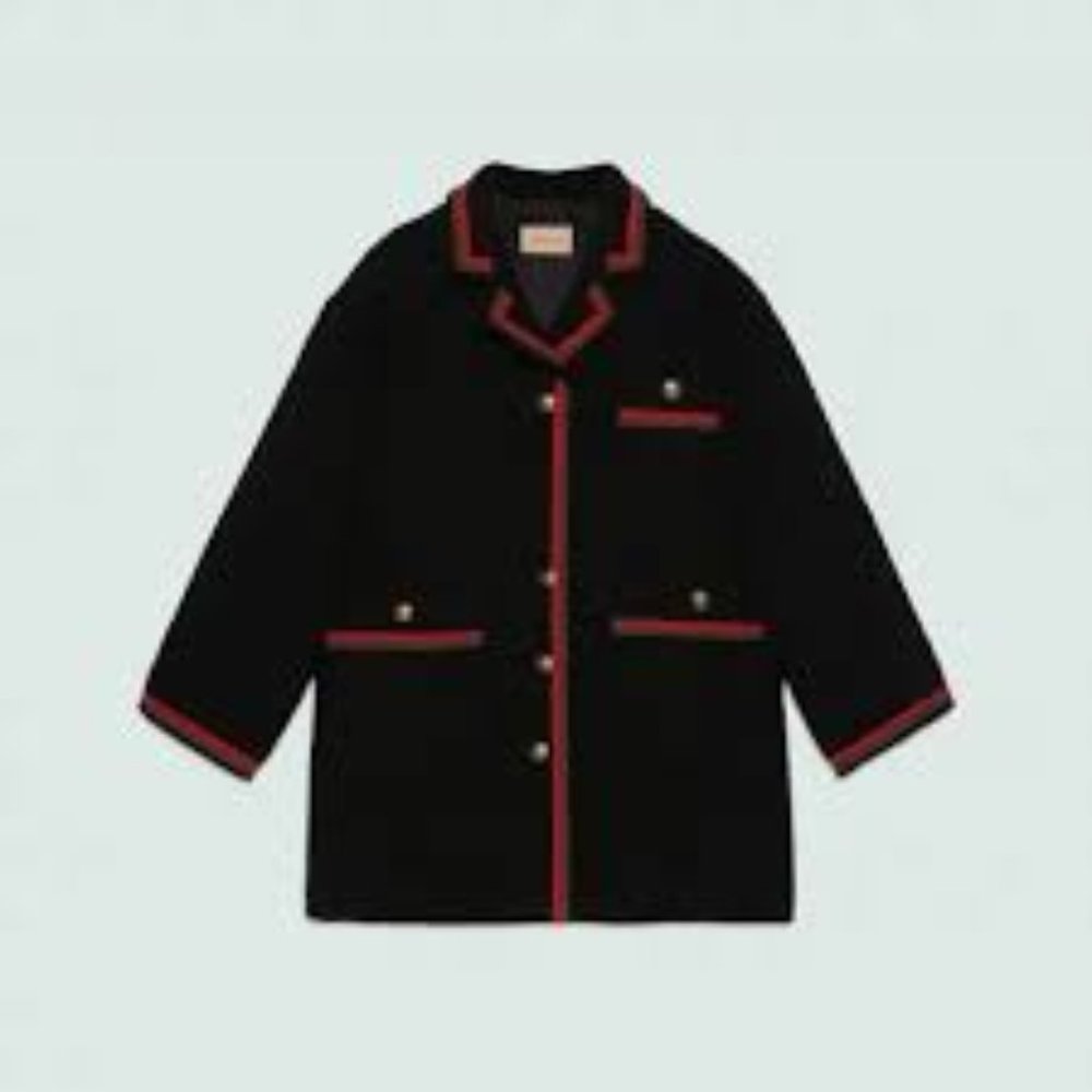 Gucci Soft Tweed Bouclé Black Button Down Coat w Green Red Web - NEW WITH TAGS